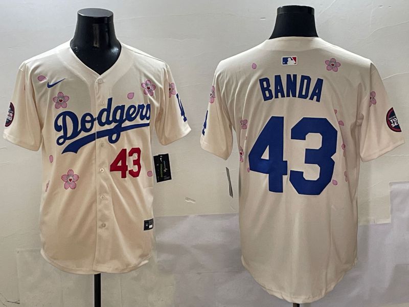 Men Los Angeles Dodgers #43 Banda Cream White Blue Sakura Edition 2025 Nike MLB Jersey style 1